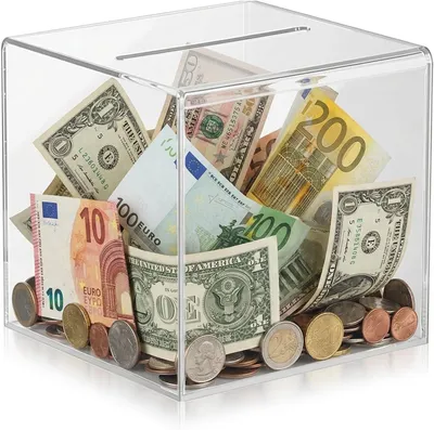 Zdjęcie produktu dla Przezroczysta skarbonka, idealna do przechowywania banknotów i monet. Wykonana z akrylu, przezroczysta, przeznaczona dla dorosłych. Wymiary: 12 x 12 x 12 cm