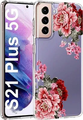 Produktbild von Silikonhülle für Samsung Galaxy S21+, transparent, mit rosa Blumen, Pfingstrose