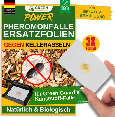 Produktbild von Green Guardia Ersatzklebeflächen mit Pheromon-Lockstoff-3x Fallen- Nachfüll-Set für Kunststoff-Fallen, Kellerasseln Falle, Natürlich & Wirksam