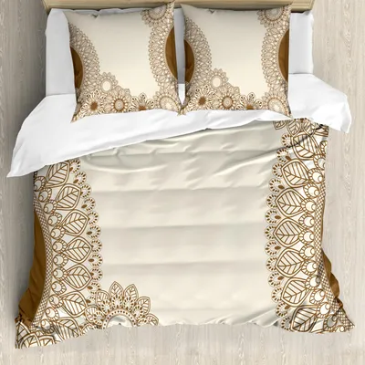 Produktbild von ABAKUHAUS Jahrgang Bettbezug Set, Hand-Zeichnungs-Art-altmodische Mandala-Abbildungen, die inspirierte Motive der Natur inspirieren, 155 x 220 cm + 80 x 80 cm, Caramel Tan