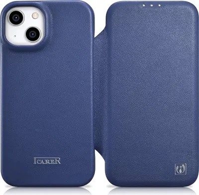 Zdjęcie produktu dla iCarer CE Premium Leather Folio Case skórzane etui iPhone 14 Plus z klapką magnetyczne MagSafe niebieski (WMI14220715-BU)