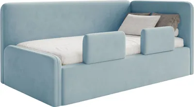 Produktbild von Selsey Fanko – Kinderbett 90x200 cm mit Rausfallschutz, Matratze, Kopfteil rechts, Samt,Hellblau