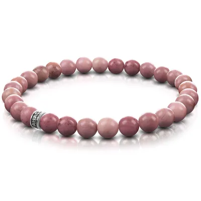 Produktbild von FABACH Rhodochrosit Perlenarmband mit 6mm Edelstein-Perlen und 925 Sterling Silber Logo-Perle - Edles Naturstein Stretch-Armband für Damen (Rosa-Rot)