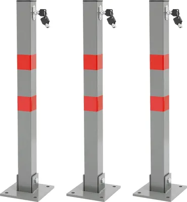 Immagine prodotto di ECD Germany 3x barriera pieghevole per parcheggio, quadrata, 70 cm, palo di parcheggio in acciaio con strisce di segnalazione rosse, serratura e 3 chiavi