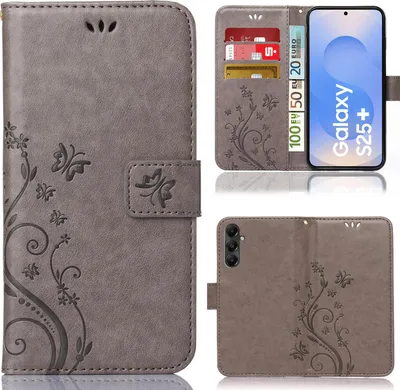 A collage of images showing a grey flip phone case with a floral pattern, including a view of the inside with card slots and a phone, and a view of the back of the case.