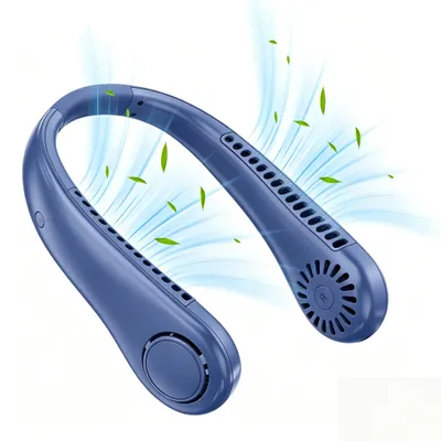 Produktbild von Tragbarer Nackenventilator, Halsventilator, Flexibles Silikon, 360° biegbar, Blattloser Ventilator, 3 Geschwindigkeit, Geräuscharm, Blau