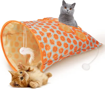 Produktbild von Katzen -Tunnel -Beutel faltbare interaktive 5 Löcher Crinkle Sounds Haustierbohrer Eimer mit Plüschkugeln für Katzen Kätzchen Orange