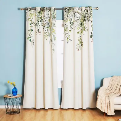 Produktbild von Vorhang mit grünen Blättern – Undurchsichtig – Mit Ösen – Landhausstil – Verdunkelungsvorhang – Vintage-Dekorvorhang – Thermovorhang