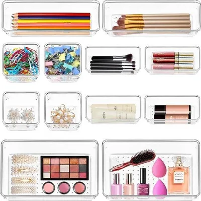 Image de Organisateur de tiroirs, lot de 12 séparateurs de tiroirs de bureau en acrylique transparent, 4 tailles, boîtes de rangement individuelles, séparateurs de tiroirs pour produits de maquillage, bijoux, gadgets, chambre à coucher, salle de bains, bureau