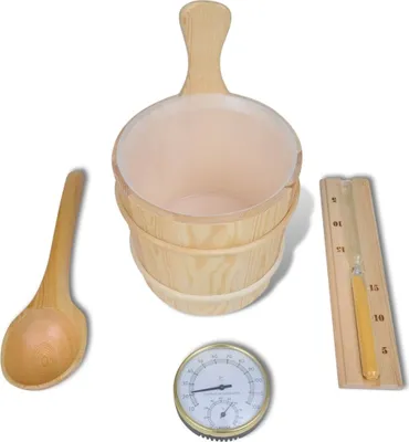 Obrázok produktu pre Doplnky do sauny 5 ks - vedro, naberačka, hodiny, teplomer, vlhkomer