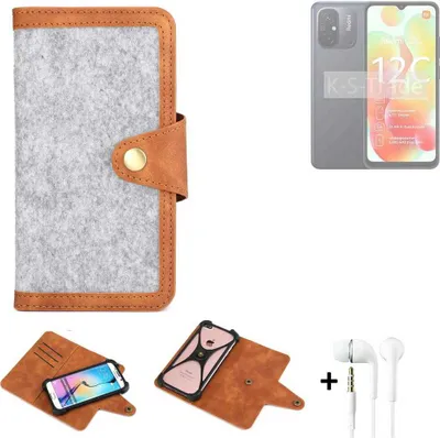 Produktbild von K-S-Trade Handyhülle + Kopfhörer kompatibel mit Xiaomi Redmi 12C Schutzhülle Filz Hülle Kunstleder hellgrau braun (1x)