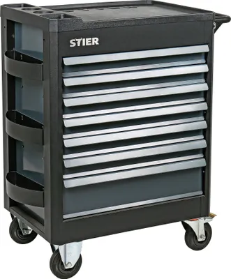 Produktbild von STIER Werkstattwagen Premium, leer und unbestückt, mit Kunststoffabdeckung, Schubladen mit Soft Close Funktion, 6 Hängefächer, Gummi-Rollen mit Bremsen, Zentralverriegelung, Montagewagen, max. 500kg