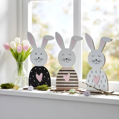 Produktbild von 3er Set Deko-Hase H22cm Holz Osterhase Tischdeko Osterdeko Deko Aufsteller Figur