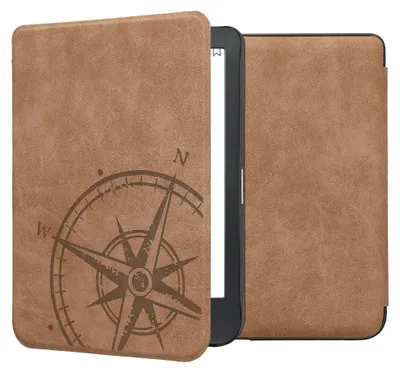 Produktbild von kwmobile Hülle kompatibel mit Kobo Clara BW / Clara Colour / Tolino Shine (5) / Shine Color - Kunstleder eReader Schutzhülle - Kompass Vintage Braun
