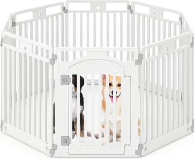 Two dogs are inside a white octagonal playpen.