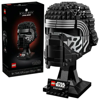 A LEGO Star Wars Kylo Ren helmet set is shown, with the box and the assembled helmet on display.