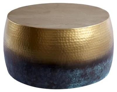 Image de Table basse TRIANE 60 cm en aluminium doré et bleu – Table basse ronde design effet martelé