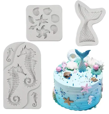 Produktbild von 3D Silikonform Meerestier Set, 3 Stück Fondantformen Meerjungfrau Seestern Seepferdchen