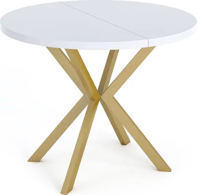 Obrázek produktu pro Kulatý rozkládací jídelní stůl se zlatými nohami ve tvaru X - ⌀ 100-180 cm - loftový industriální design - pro 4-6 osob - bílý