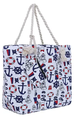Obrázok produktu pre Veľká plážová taška typu shopper so zipsom – námorný motív s loďou v bielo-modro-červenej farbe