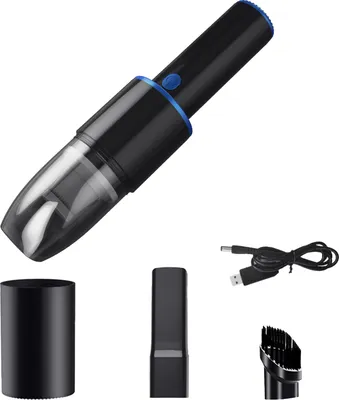 A black and blue handheld vacuum cleaner with accessories and a charging cable, displayed against a white background.