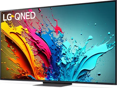 A television screen displaying a colorful abstract image with the LG QNED logo.