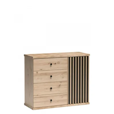 A chest of drawers with a slatted cabinet section, presented against a white background.
