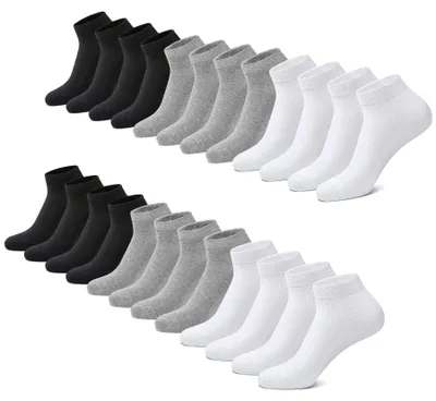 Produktbild von FALARY Sneaker Socken Damen 39-42 Herren Sneakersocken 12 Paar Kurze Halbsocken Baumwolle Schwarz und Weiß grau – 4*schwarz+4*weiß+4*grau