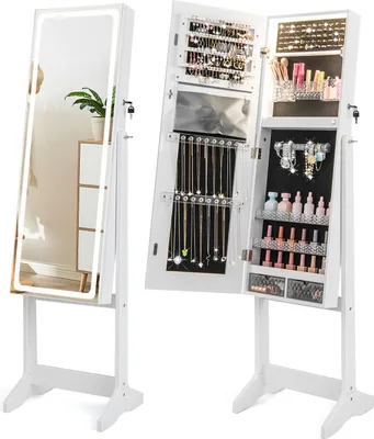 Produktbild von GOPLUS Schmuckschrank mit Spiegel, Spiegelschrank mit LED-Beleuchtung, Schmuckspiegel, Schmuck-Organizer abschließbar, Weiß