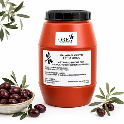 Produktbild von OREA-Feinkost Kalamata Oliven 3 kg (Jumbo) – Griechische Premium-Oliven
