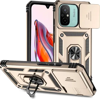 A gold-colored phone case with a sliding camera cover and a ring holder is displayed from multiple angles against a white background.