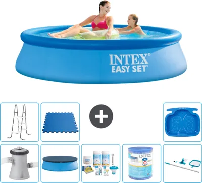 Produktbild von Intex runder aufblasbarer Easy Set-Schwimmpool – 244 x 61 cm – Blau – inklusive Pumpe Abdeckung - Wartungspaket - Filter - Reinigungskit - Leiter - Fußbad