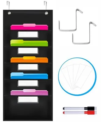 Image de Vantasii : porte-documents mural à 5 compartiments pour classeurs, livres, journaux et magazines. Système de rangement comprenant 2 crochets métalliques à fixer sur la porte et 5 étiquettes pour tableau blanc.