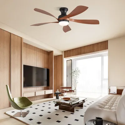 Produktbild von Sofucor Deckenventilator, 132 cm, mit Beleuchtung und Fernbedienung, 5 ABS-Flügel, modernes und leises Design, flache Montage, Schwarz und Braun