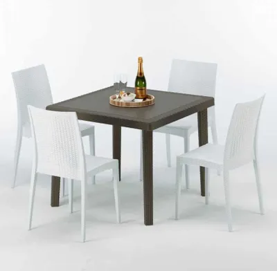 Produktbild von Poly Rattan Tisch Quadratisch mit 4 Bunten Stühlen 90x90 Braun Brown Passion