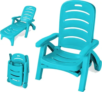 A collage of a turquoise plastic lounge chair in different states: fully reclined, upright, and folded.