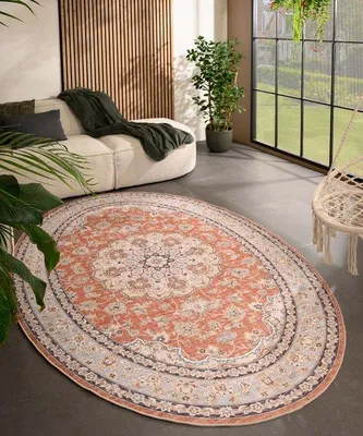 Image de Tapis d'extérieur vintage Unyqoos® ovale – Valenca Nova, couleur terracotta, 160 x 230 cm, structure en maille 3D, pour intérieur et extérieur, lavable