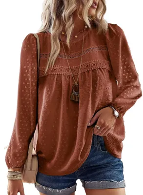 Image de TUUHAW - T-shirt à manches longues pour femmes, style bohème, blouse, haut, col rond, orange, taille XL