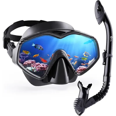 Produktbild von Schnorchelset Erwachsene Premium Dry Schnorchel Taucherbrille 180° Panorama Anti-Fog Anti-Leck Schwarz
