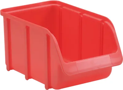 A red plastic storage bin is shown against a white background.