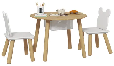 Immagine prodotto di AIYAPLAY Set con Tavolo e 2 Sedie per Bambini con Schienale a Orsetto, Tavolino con Vano Contenitore, Color Legno