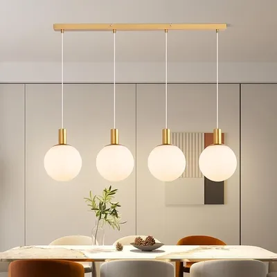 Immagine prodotto di Lampada a sospensione per tavolo da pranzo, vetro, oro, 4 luci, attacco E27, altezza regolabile. Lampada a sospensione moderna per cucina, sala da pranzo, camera da letto (senza lampadine)
