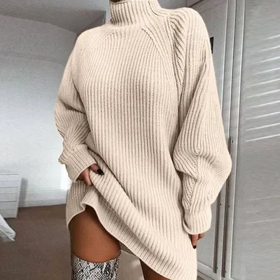 Produktbild von Grobstrickpulloverkleid, trendiges Pulloverkleid Winterpullover mit Fledermausärmeln für Damen, Beige, M