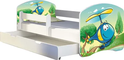 Produktbild von ACMA Jugendbett Kinderbett Junior-Bett Komplett-Set mit Matratze Lattenrost und Rausfallschutz Weiß 35 Hubschrauber 180x80 + Bettkasten
