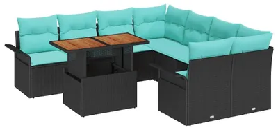 Image de Ensemble de canapés de jardin vidaXL avec coussins, 9 pièces, noir et bleu, en polyrotin