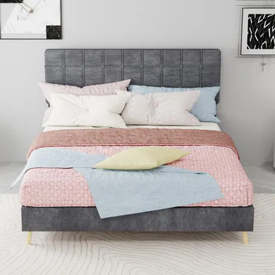 Productafbeelding van Zerbaco gestoffeerd tweepersoonsbed 140x200 cm met bedlade, grijs. Opbergbed met lattenbodem, zonder matras