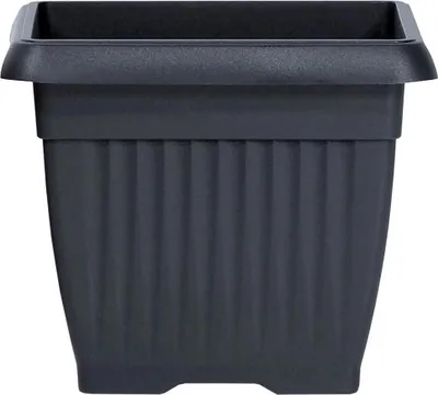 A dark gray square planter with a ribbed texture.