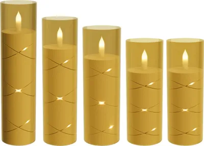 Obrázek produktu pro JOIEYOU Sada 5 LED svíček bez plamene s akrylovými kalíšky, dálkové ovládání a funkce časovače Teplá bílá svíčka Dekorace na Vánoce, Halloween, svatbu, párty (LED korálky, zlatá)