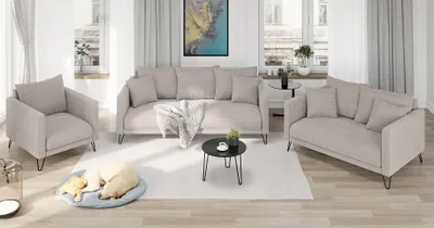 Produktbild von S-STYLE MÖBEL - Harmony - Modernes Polstergarnitur 3+2+1 aus Taupe Chenille-Stoff mit Hohen Schwarzen Metallfüßen