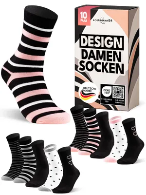 Produktbild von Damensocken Bunt Baumwolle mit Streifen, Herzen, Punkten - 34910-C Rosa/Grau 39-42 10 Paar